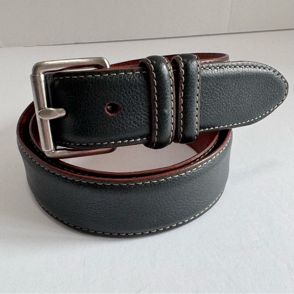 Faconnable Italian Calfskin Black Leather Belt 36 Solid Brass USA